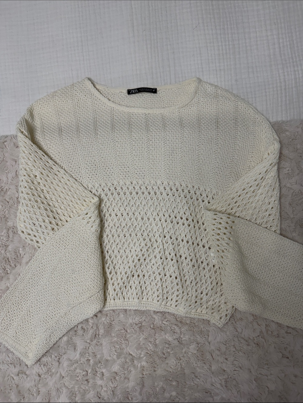Zara Off-White Open-Knit Crewneck Sweater